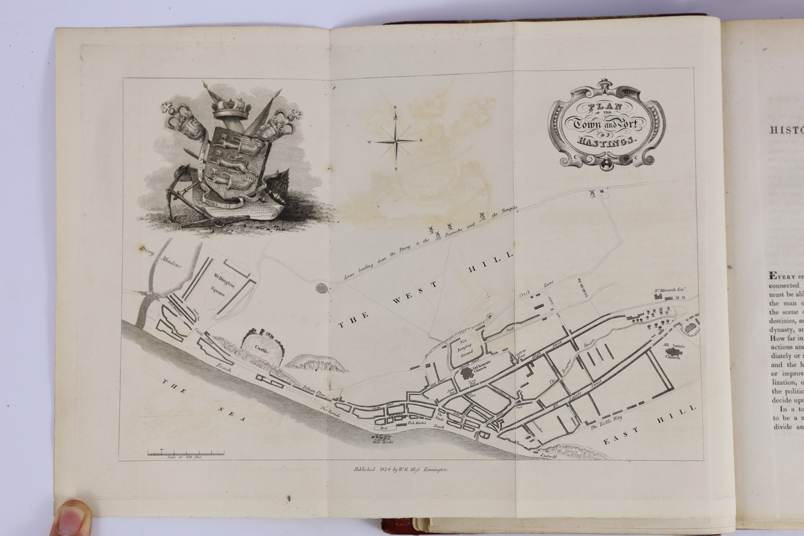 HASTINGS: Moss, W.G. - The History and Antiquities of the Town and Port of Hastings ... folded pictorial plan, 19 plates, subscribers list: old red half morocco and marbled boards, gilt top and marbled e/ps. published by